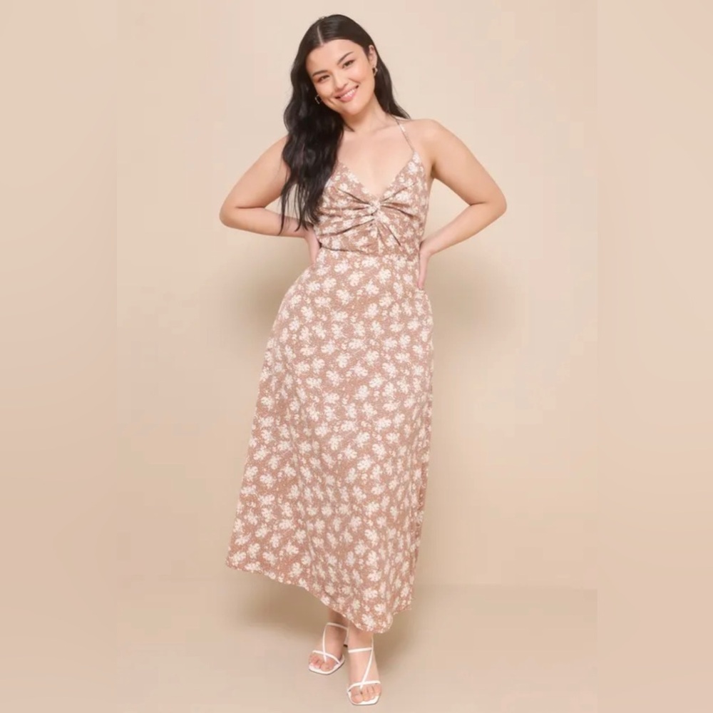 NWT - Lulus Picturesque Moments Brown Floral Print Strappy Maxi Dress